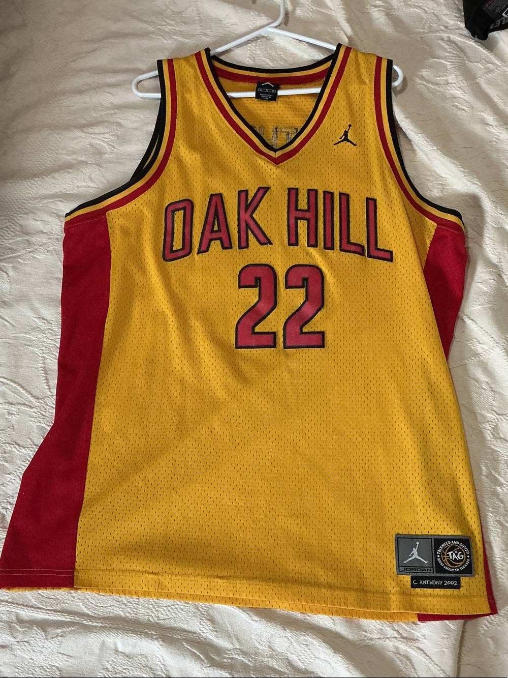 Jordan Yellow & Red Oak Hill #22 Carmelo Anthony jersey.